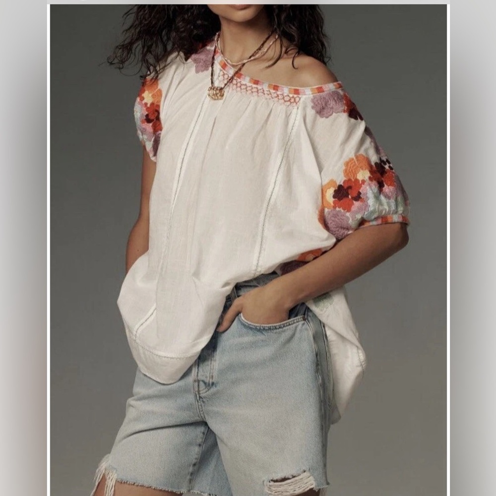 Anthropologie Short Sleeve Embroidered Floral Tunic Top Size Large/XL EUC - Picture 2 of 12